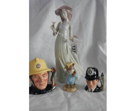 A NAO tall female figure, 2 Royal Doulton character jugs and a Beatrix Potter figure.