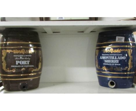 A ceramic sherry barrel and a ceramic port barrel.