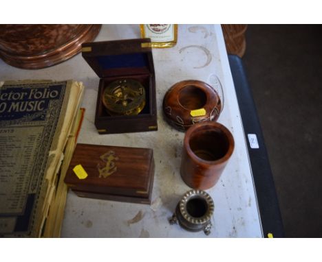 A quantity of wooden items to include boxed compass 