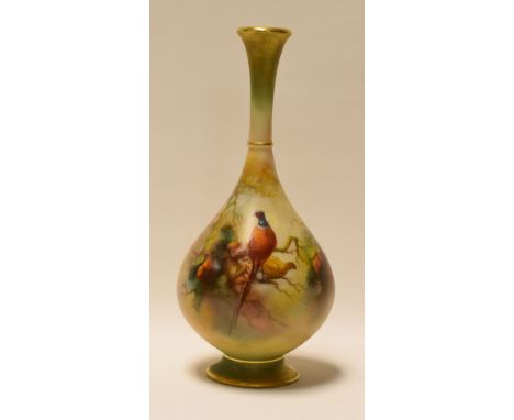 A ROYAL WORCESTER NARROW NECKED VASE painted with pheasants perched in fir trees by Walter Sedgley, 20cms high
