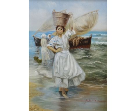 SABATER a pair of oils on panel - Italian school nineteen century continental scene of  females unloading fishing boats, both