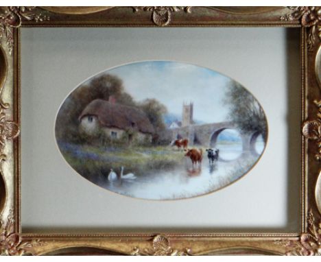 FRAMED OVAL ROYAL WORCESTER PLAQUE of concave form, painted with a thatched cottage, church, bridge, cows and swans, Milwyn H