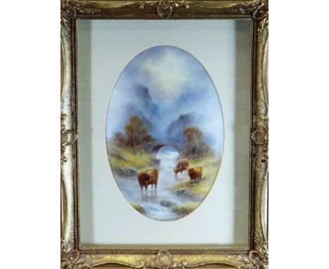 FRAMED OVAL ROYAL WORCESTER PLAQUE of concave form, painted with a Scottish Highland scene of three cattle at a river with a 