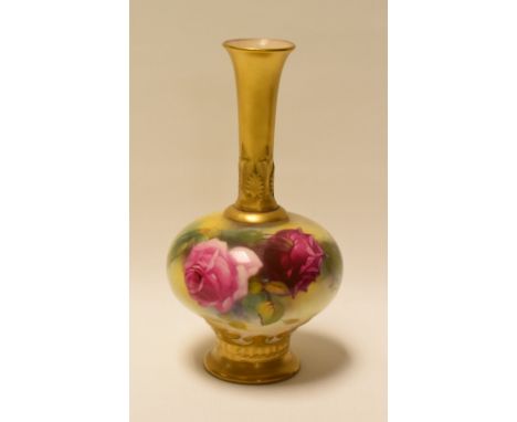 A SMALL ROYAL WORCESTER NARROW NECKED VASE painted with wild roses by Millie Hunt, signed, 14cms high