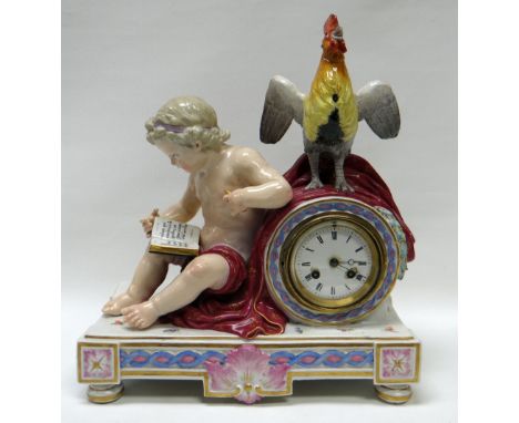 A MEISSEN PORCELAIN MANTEL CLOCK composed of a reading putto seated by a crowing cockerel atop the drum shaped timepiece, all
