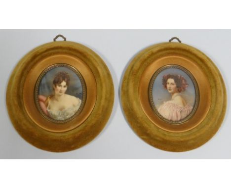 MINIATURIST two miniatures - oval painted head and shoulder portrait`s of eighteenth century females in oval velvet covered f