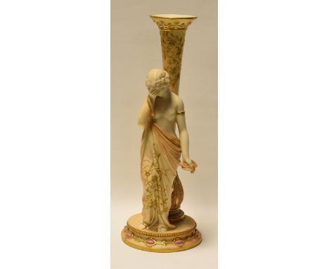 A ROYAL WORCESTER FIGURAL VASE in the Classical style with sorrowful robed lady holding a dead bird aside the taller trumpet 