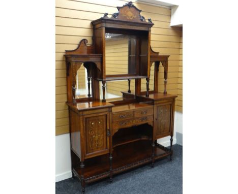 AN EDWARDIAN INLAID ROSEWOOD CABINET-SIDEBOARD of architectural form having a four mirror top with shelves, the base composed