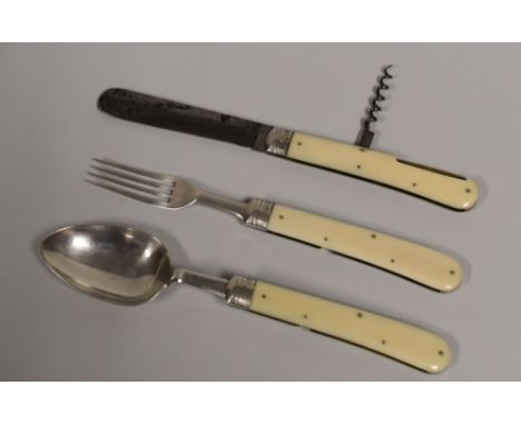 A RARE MATCHING SILVER & IVORY FOLDING CAMPAIGN THREE-PIECE CUTLERY SET comprising spoon, knife with cork-screw and a fork, m