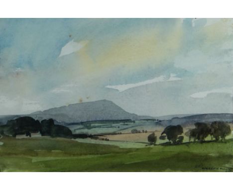 AUBREY R. PHILLIPS watercolour - fields with distant mountains, signed and dated '85, 19 x 28cms
