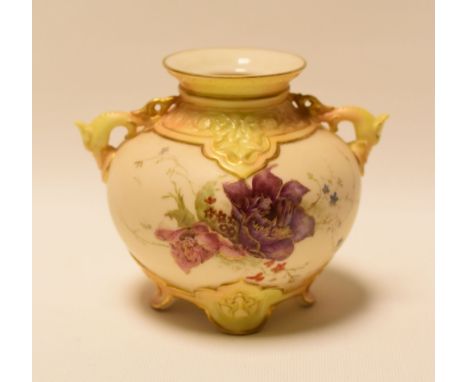 A SMALL ROYAL WORCESTER GLOBULAR VASE with serpent twin-handles and raised on four feet, painted with flowers, 1892, 8.5cms h