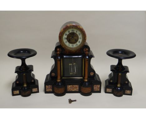 AN IMPOSING FRENCH SLATE & MARBLE MANTEL CLOCK GARNITURE of architectural form with flanking side pedestals, each element mou