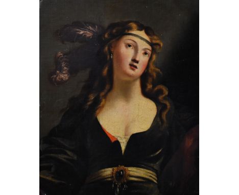 ITALIAN SCHOOL unframed oil on canvas - half portrait of a young regency female with feathered headband, unsigned, 67 x 55cms