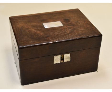 A ROSEWOOD FITTED VANITY CASE & CONTENTS mounted with mother-of-pearl, with cushioned lid and EPNS, glass and silver-handled 