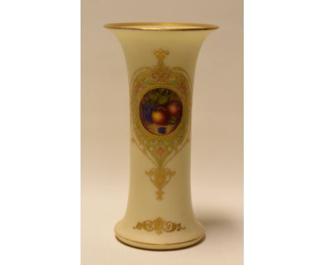 A ROYAL WORCESTER TRUMPET VASE in ivory ground, painted with a cartouche of fruit by William Bee, within an elaborate gilded 