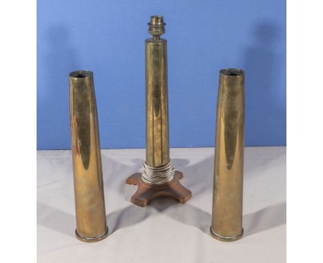 Three brass WW2 shells 1944, one converted into lamp base