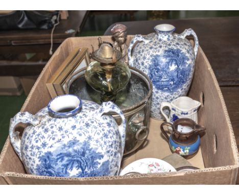 A box of mixed pottery, a brass pot and a lamp