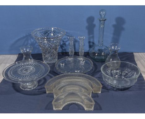 A box containing pressed glass bowls, vases and decanter