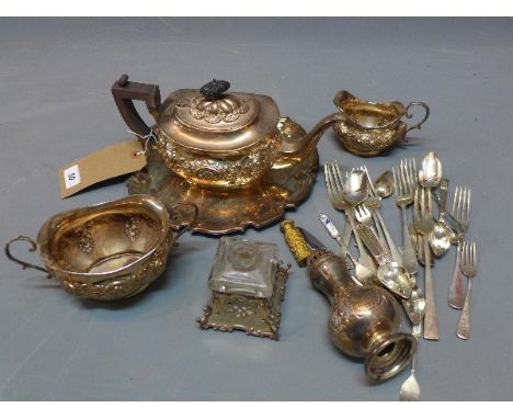 A quantity of silver plated ware, to include a tray, teapot, sugar sifter, sugar bowl, milk jug, forks, spoons, inkwell (a/f)