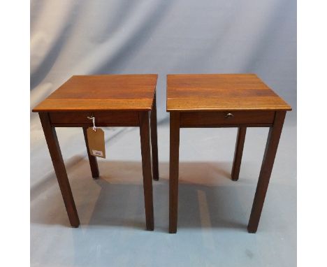 A pair of 19th Century mahogany lamp tables with single drawer raised on square legs, H:58cm W:39cm D:39cm