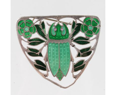 AN ART DECO SILVER AND ENAMEL BUG BROOCH.