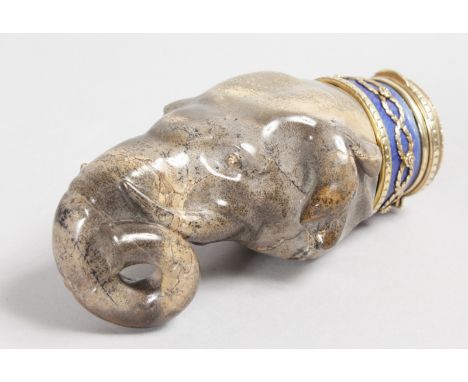 A SUPERB "FABERGE" CARVED HARDSTONE ELEPHANT HEAD SNUFF BOX with diamond eyes, gold, blue enamel, seed pearls and diamonds. F