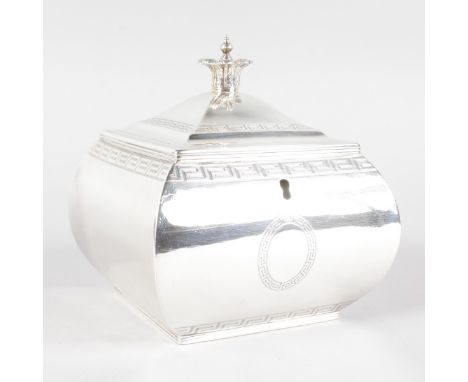 A GEORGE III SQUARE TEA CADDY AND COVER, 5ins square, with key pattern decoration and eight acanthus scroll knop. London 1803