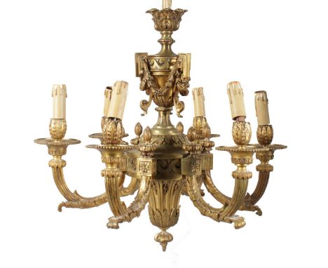 A GOOD 19TH CENTURY FRENCH ORMOLU SIX BRANCH HANGING CHANDELIER with urns, swags and acanthus. 35ins long.