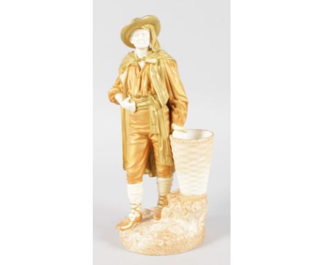 A ROYAL WORCESTER FIGURE of a Rustic Man beside tall basket, puce mark.