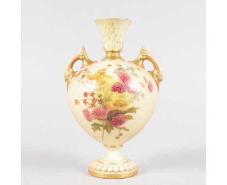 A ROYAL WORCESTER TWO HANDLED BLUSH IVORY VASE, painted with flowers, shape 2249, date code for 1903.