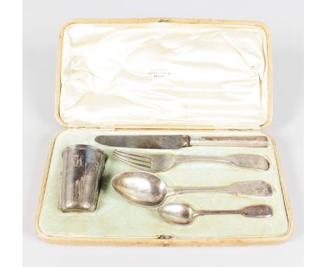 A FOUR PIECE RUSSIAN CHRISTENING SET by  SHANKS & BOLIN, MOSCOW 1885, in original leather fitted case, comprising beaker, kni