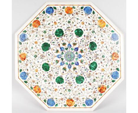 A GOOD INDIAN OCTAGONAL MARBLE TABLE TOP, inlaid with lapis, mother-of-pearl, malachite etc. 24ins.