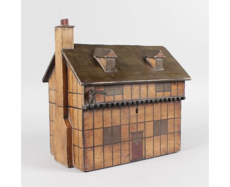 A GEORGIAN PAINTED WOOD INN "TEA CADDY" with chimney, two dormer roof windows, inn sign missing, lift up roof with two divisi
