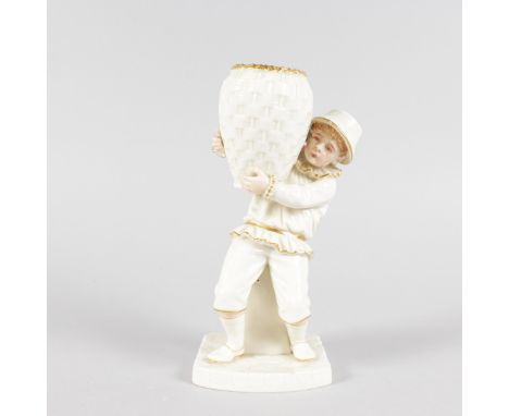 A LATE 19TH CENTURY ROYAL WORCESTER FIGURE of a boy carrying a basket, puce mark, date code for 1881.