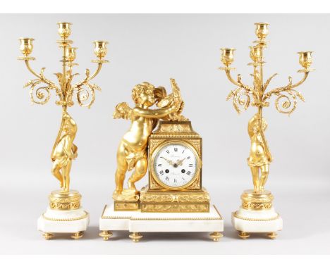 A SUPERB 19TH CENTURY FRENCH ORMOLU AND WHITE MARBLE THREE PIECE MANTLE CLOCK SET, Retailed by DUTERTRES A. PARIS, the eight-