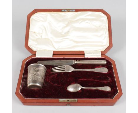 A FOUR PIECE RUSSIAN CHRISTENING SET by SHANKS & CO., MOSCOW 1882, in original leather fitted case, comprising beaker, knife,