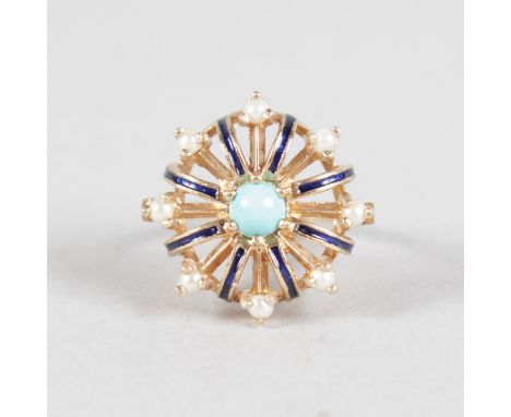 A TURQUOISE, PEARL AND EMERALD 9CT YELLOW GOLD RING.