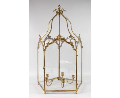 A VERY GOOD LARGE 19TH CENTURY FRENCH ORMOLU FIVE SIDED HANGING LANTERN. 35ins long, 18ins wide.