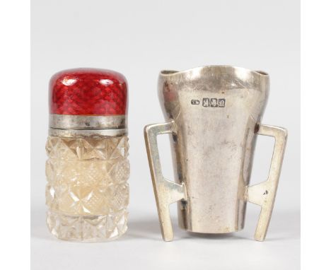 AN ENAMEL AND SILVER TOPPED SCENT BOTTLE and AN IRISH THREE HANDLED CUP, Dublin 1908.