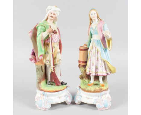 A RARE PAIR OF 19TH CENTURY BISQUE FIGURES OF A TURKISH MAN AND WOMAN, the man carrying a gun, the woman a bowl and pitcher. 