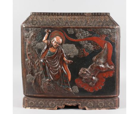 A JAPANESE EARTHENWARE STICK STAND with figure in relief. 1ft 4ins high.