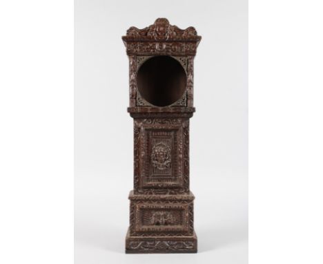 AN 18TH CENTURY CARVED WOOD MINIATURE LONGCASE CLOCK. 19ins high.