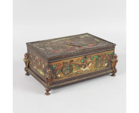 A 19TH CENTURY BOULLE CASKET, inlaid with bone and mother-of-pearl with animals and flowers, with Egyptian metal mounts.  10i