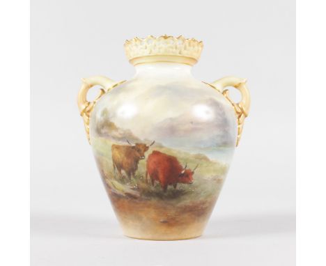 A ROYAL WORCESTER TWO HANDLED VASE, shape G405, having reticulated neck painted with cattle by Harry Stinton, signed, date co