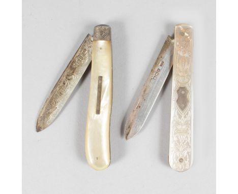 TWO MOTHER-OF-PEARL AND SILVER BLADED KNIVES. Sheffield 1898 and 1918.