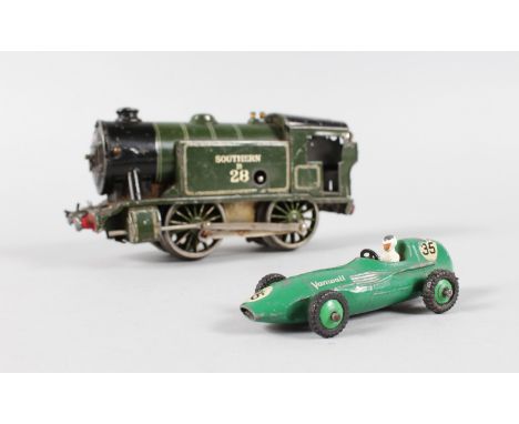 A DINKY RACING CAR "GREEN VAUXHALL" and a SOUTHERN 28 TRAIN.