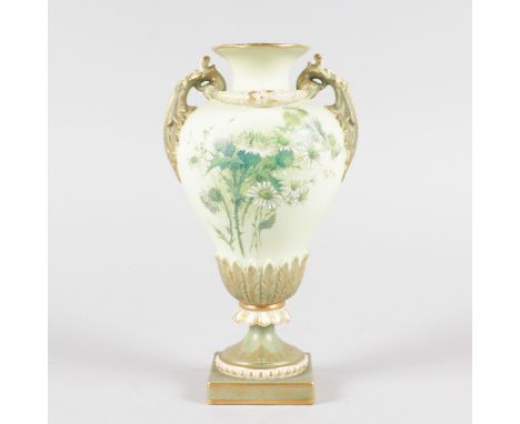 A ROYAL WORCESTER BLUSH GREEN TWO HANDLED VASE, painted with thistles in Raby style.