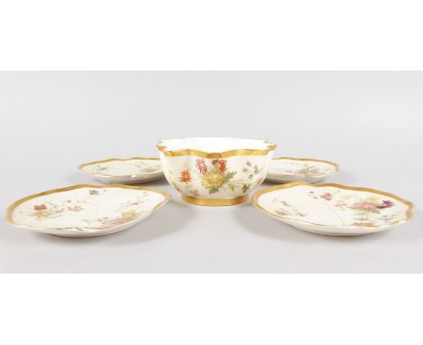 A ROYAL WORCESTER HORS D'OUVRES SET, a bowl and four leaf shaped dishes, painted with flowers on a blush ivory ground, date c