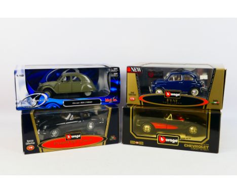 Maisto - Bburago - 4 x 1:18 scale cars, 1952 Citroen 2CV, 1968 Fiat 500, 1961 Porsche 356B Coupe and 1952 Chevrolet Corvette.