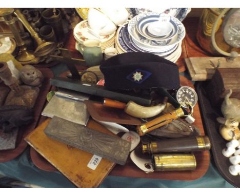 A Tray of Curios to Include Girl Guide Cap, Brass Mounted telescope, Brass Shell Base, Silver Plated Pen Box etc